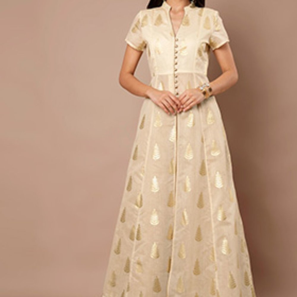 Ivory Botanical Foil Chanderi Maxi Jacket